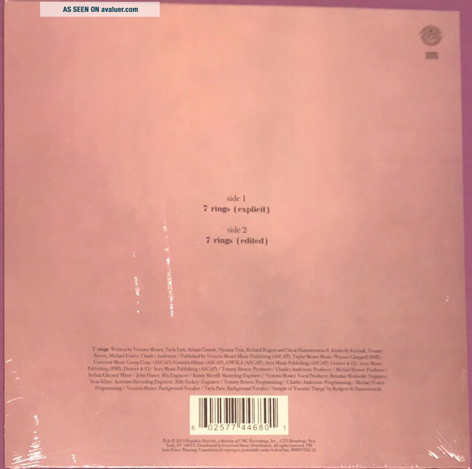 Ariana Grande 7 Rings 7” 45 Single Limited Edition CLEAR Vinyl | #1943774