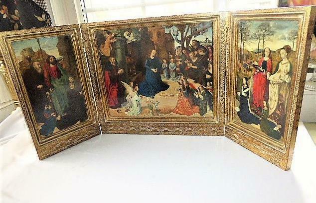 VINTAGE ITALIAN GOLD GILT CARVED WOOD TRIPTYCH MARY BABY JESUS SAINTS ...