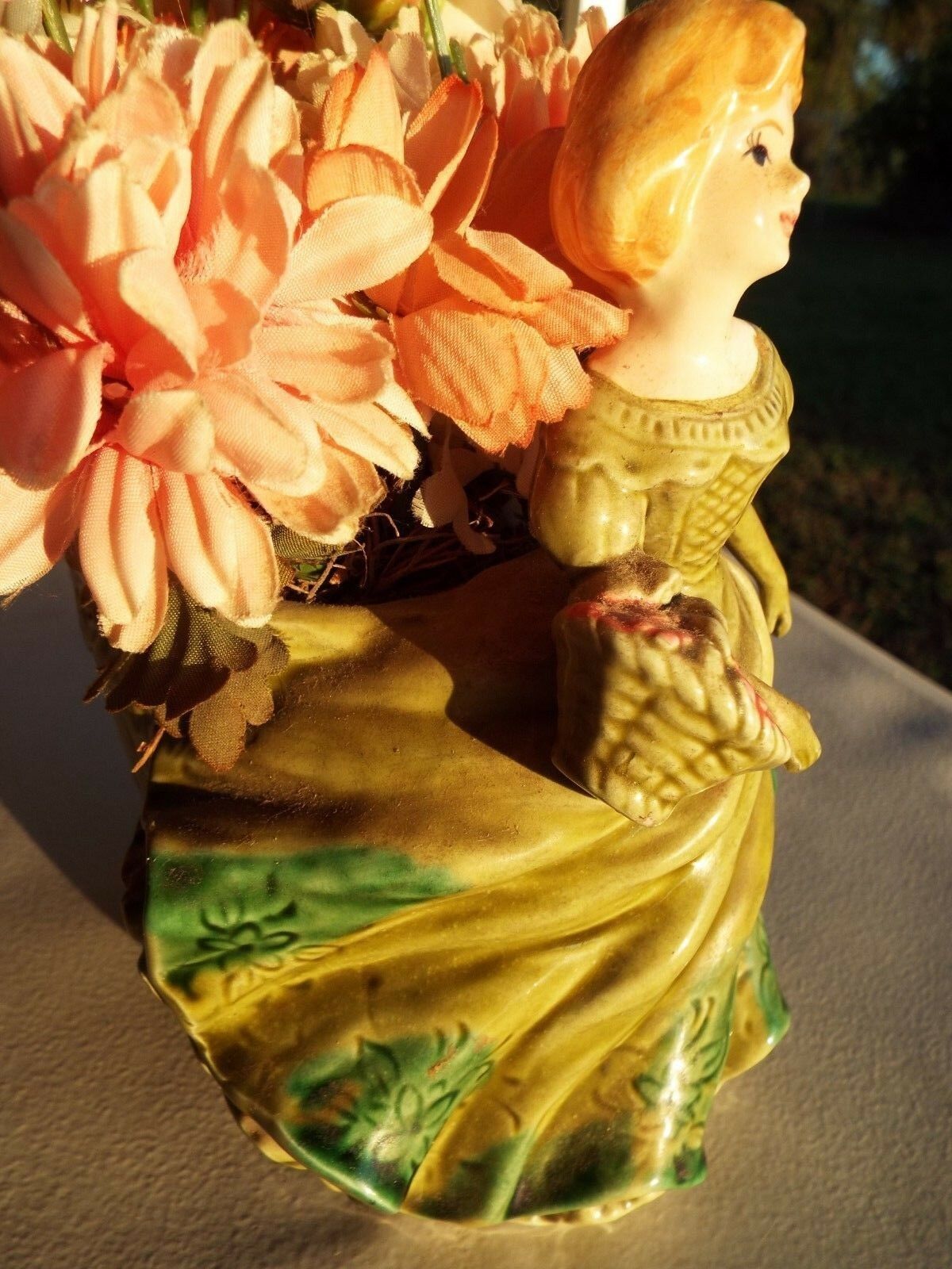 Lefton Labels Vintage Lefton Planter Vase Lady In Green Dress W/ Basket 4598 Japan ...
