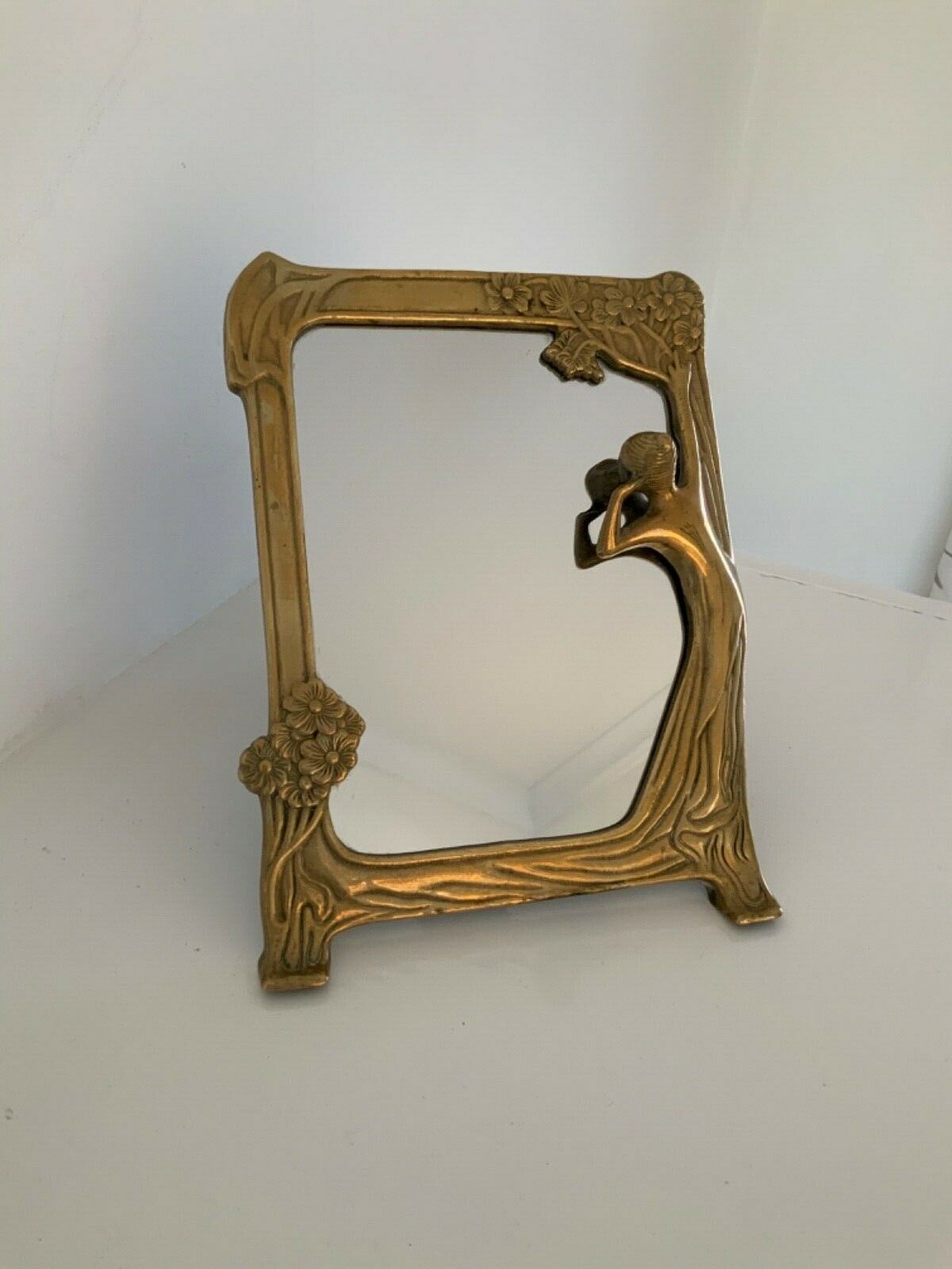 Vintage Antique Art Nouveau Style Vanity/Boudoir Mirror in Ornate Brass Frame