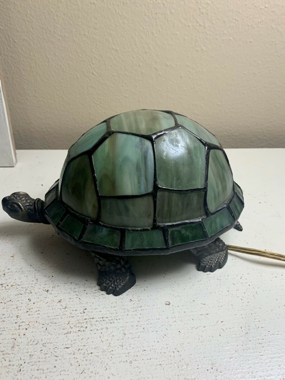 Tiffany Style Stained Glass Turtle Lamp Cast Iron Night Light 9” Long ...
