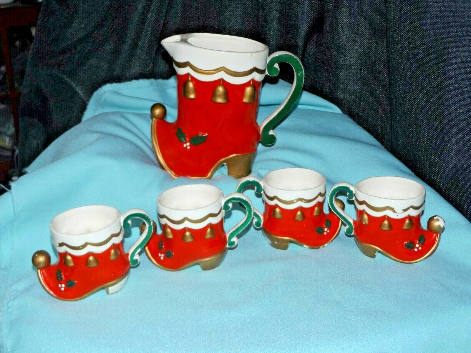 Vintage Napcoware ELF PIXIE BOOT PITCHER & SHOE CUPS Santa Christmas ...