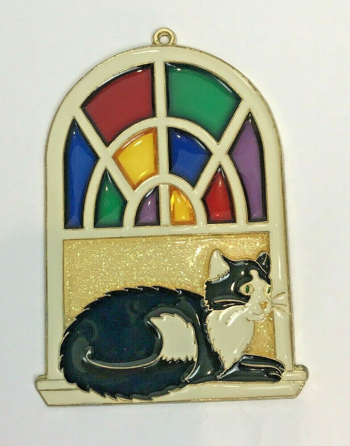 Vintage Suncatcher Cat Stained Glass Window Enamel Black White Light ...
