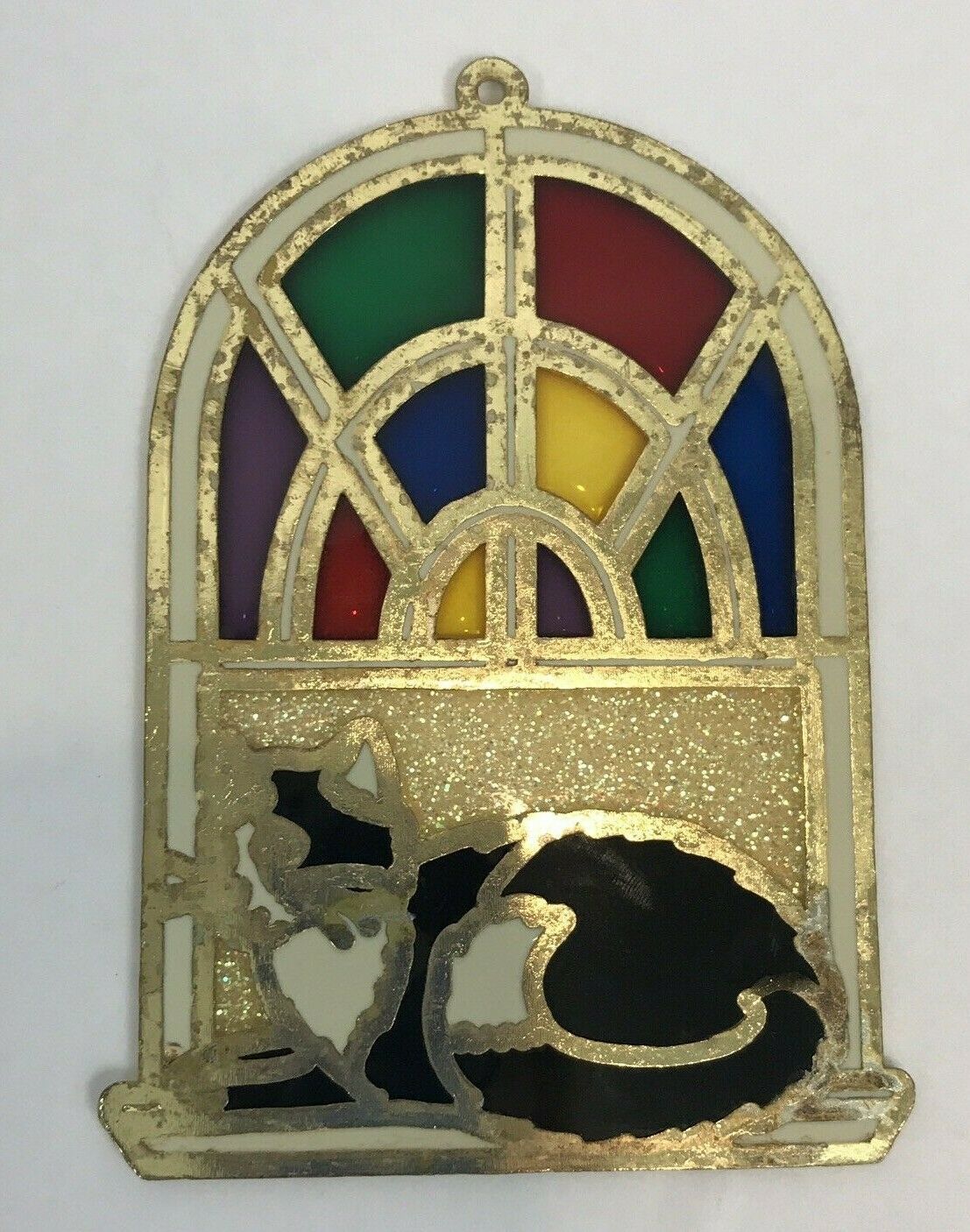 Vintage Suncatcher Cat Stained Glass Window Enamel Black White Light ...