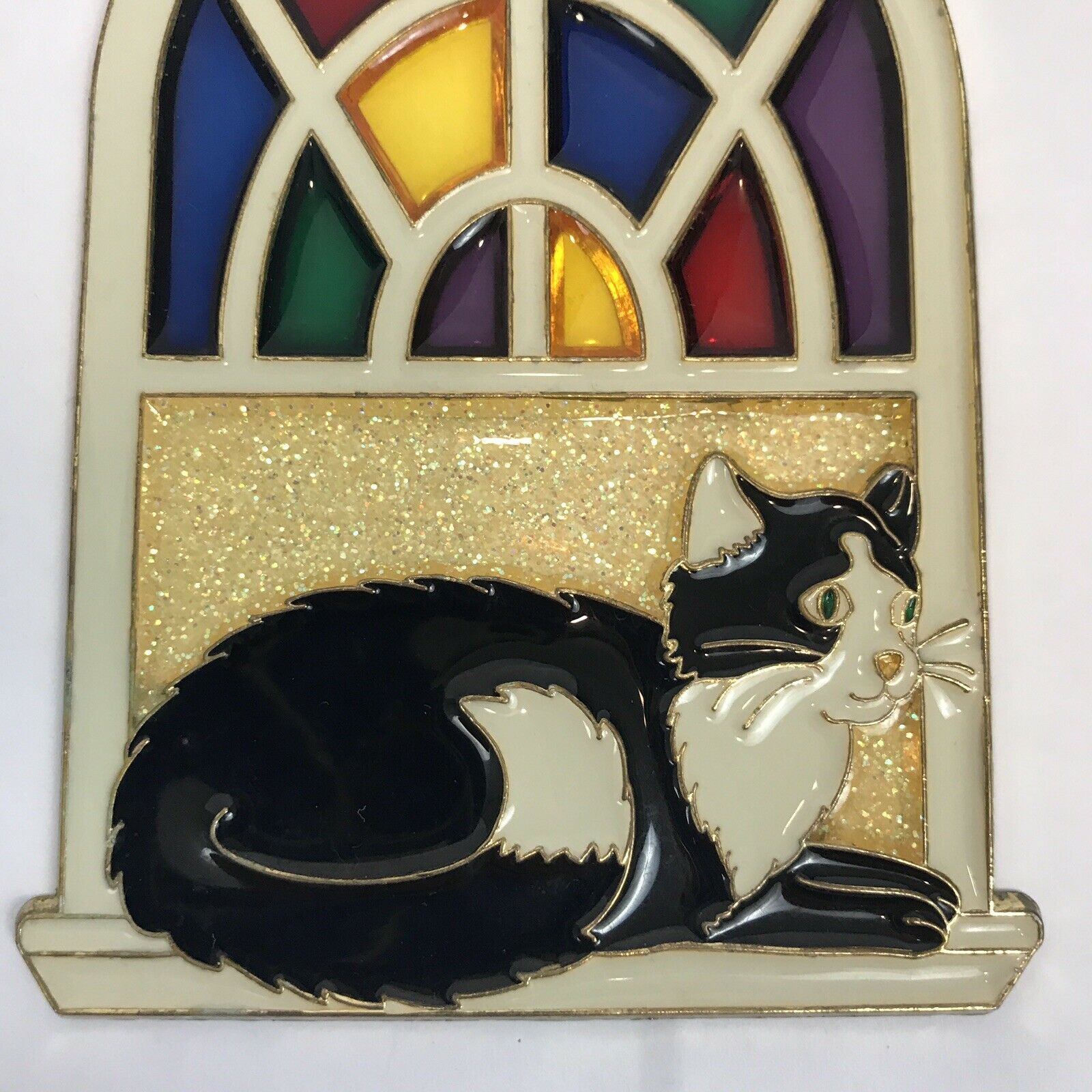 Vintage Suncatcher Cat Stained Glass Window Enamel Black White Light ...