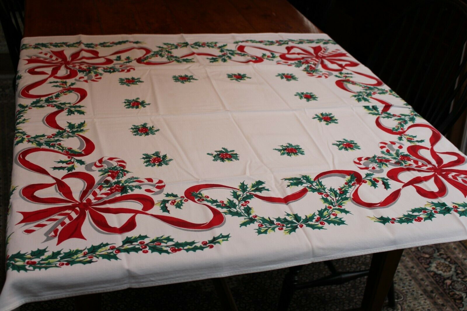 Vintage Cotton Christmas Tablecloth 42x48 Fab Color Holly Ribbons Candy ...
