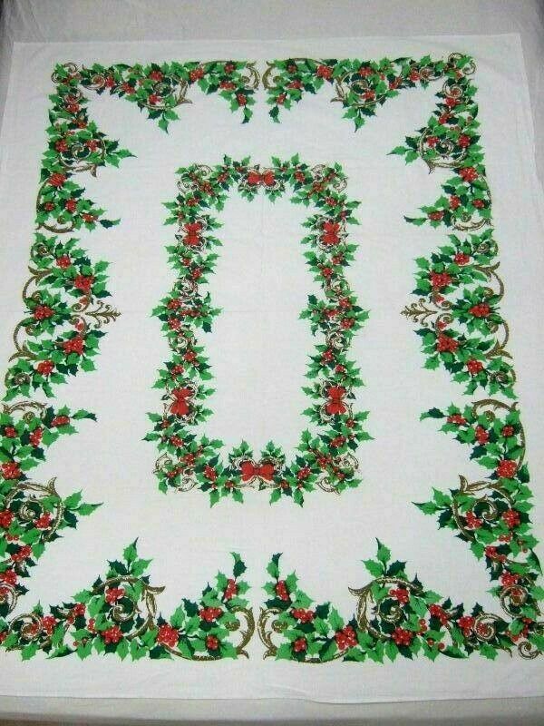 Vintage Christmas Tablecloth With Gold Scrolls With Holly, And Red Bows ...