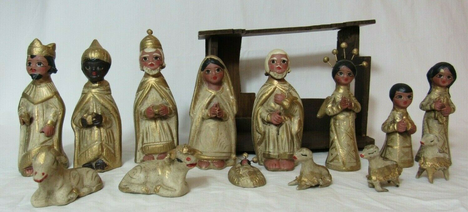 All Hand Reference Vintage Creche Clay Hand Painted Mexican Pottery Folk Art Nativity Set ...