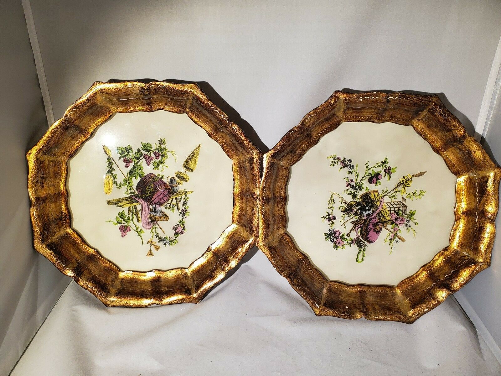 Pair Vintage Italian Florentine Gilt Gold Wood Octagonal Wall Plaques ...
