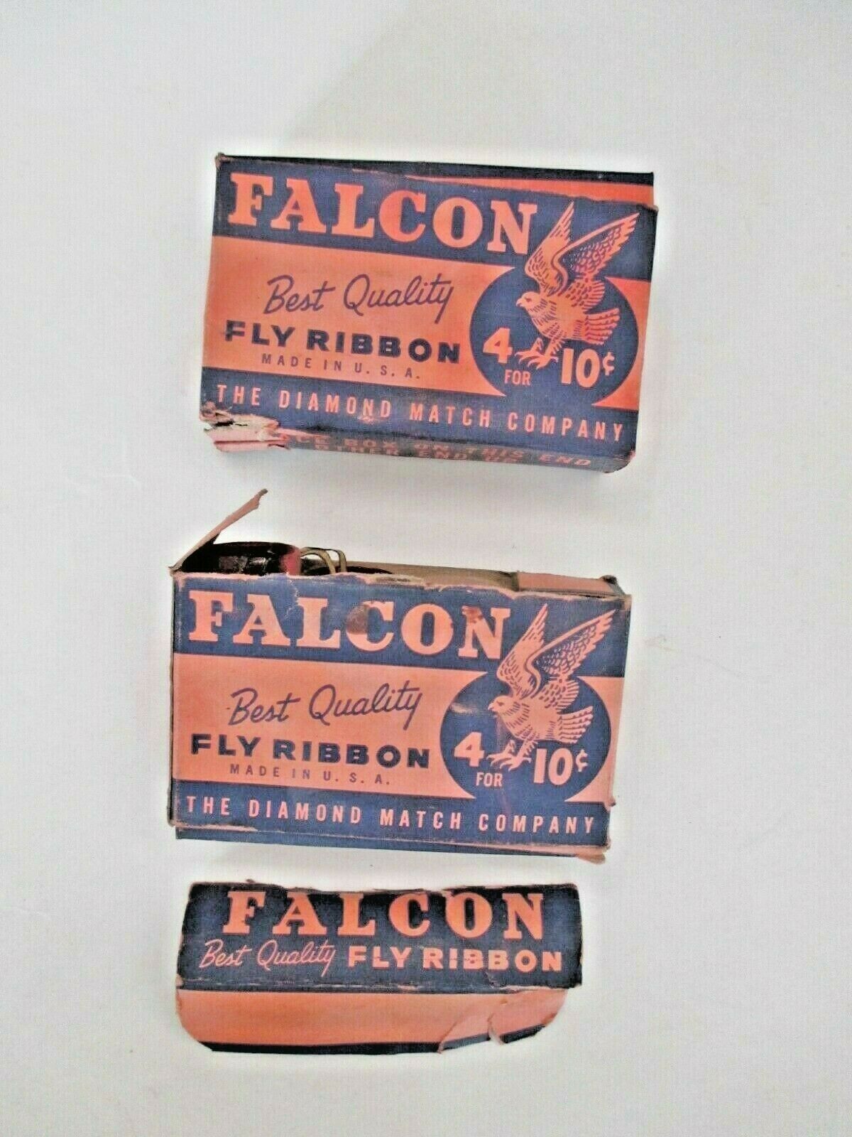 2 ANTIQUE FALCON FLY RIBBON BOX FULL DIAMOND MATCH CO INSECT POISON ...
