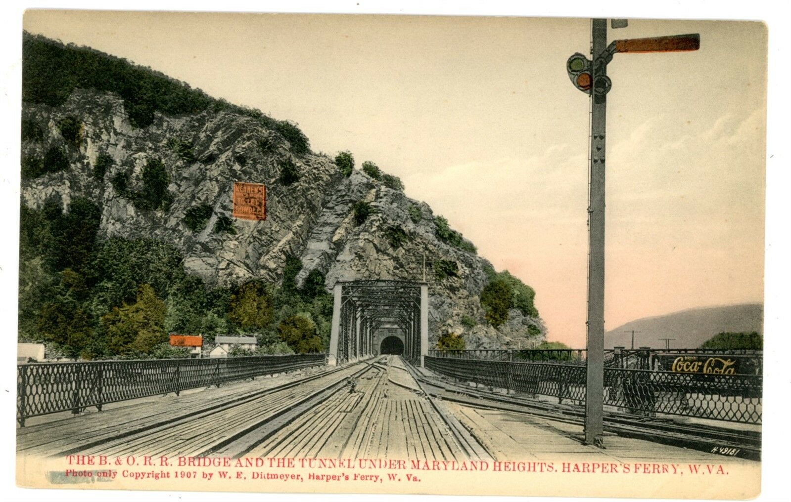 Harpers Ferry WV - B&O RAILROAD BRIDGE & TUNNEL - Hand Colored Postcard